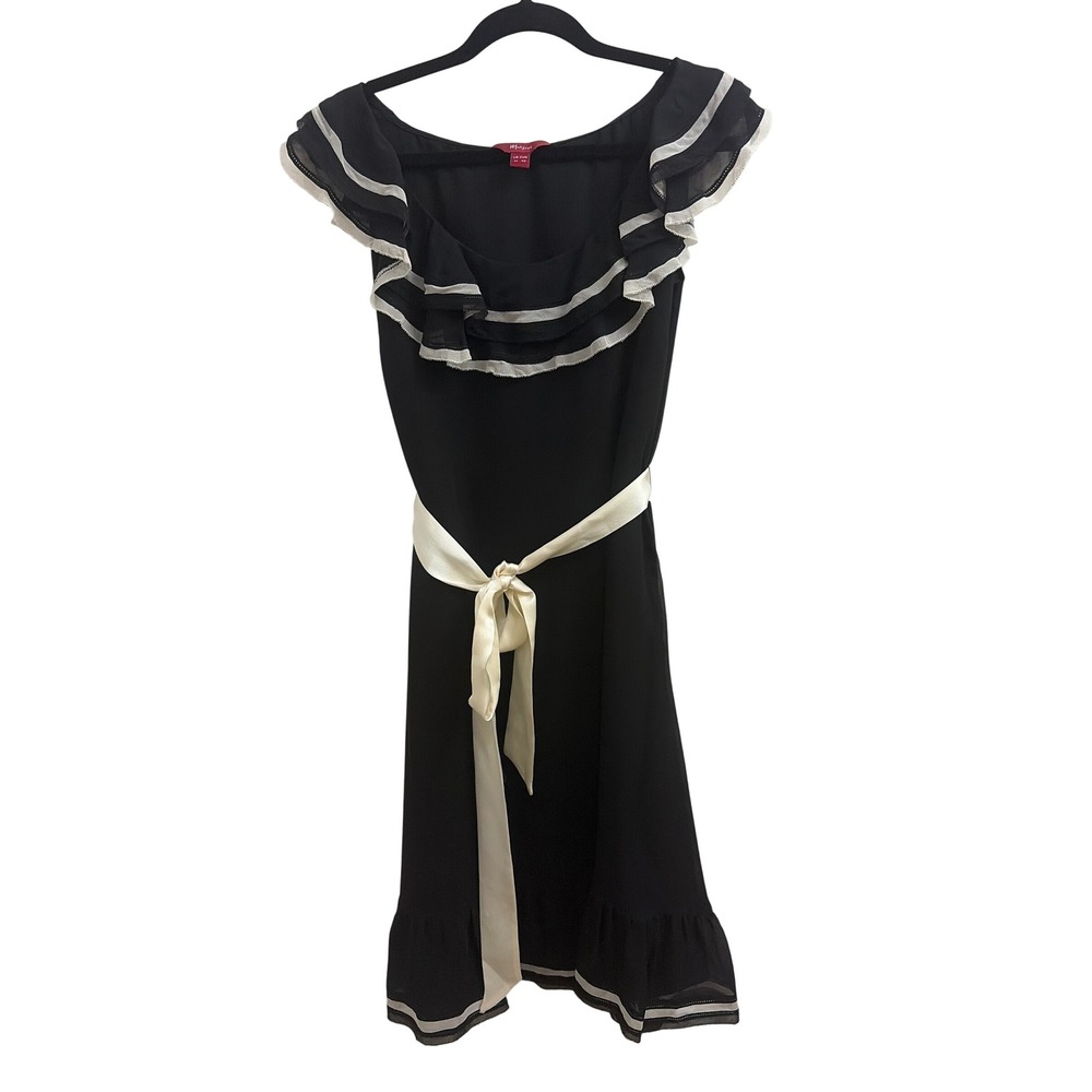 Dress Ruffle Coquette Monsoon Womens XS Black Silk Tiered Midi Belted Y2K